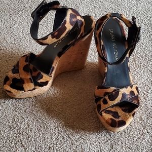 Stuart Weitzman Wedge Leopard Calf Hair Sandals 7M